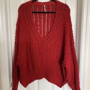Free People V Neck Sweater in Rust Red